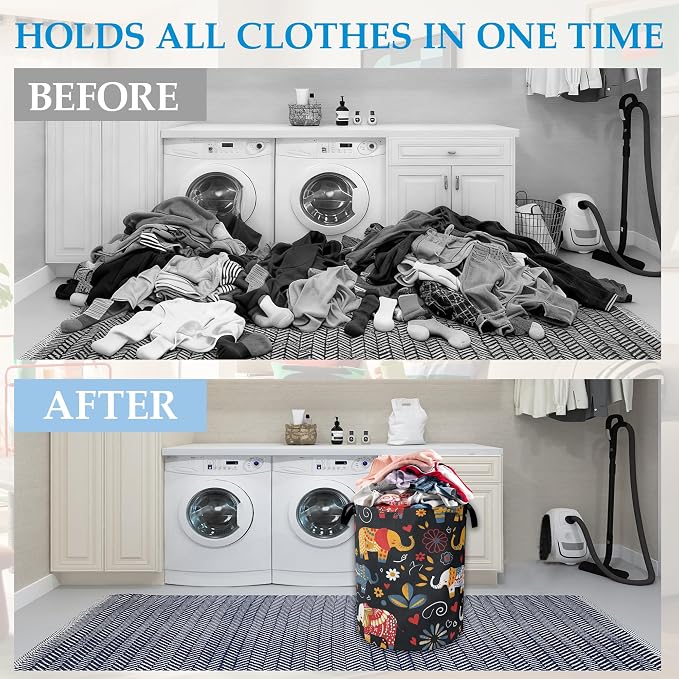 Boho Elephant Laundry Basket Collapsible Laundry Hamper Clothes Storage Bin for Bathroom Bedroom Room Decor 16" X 20.8"
