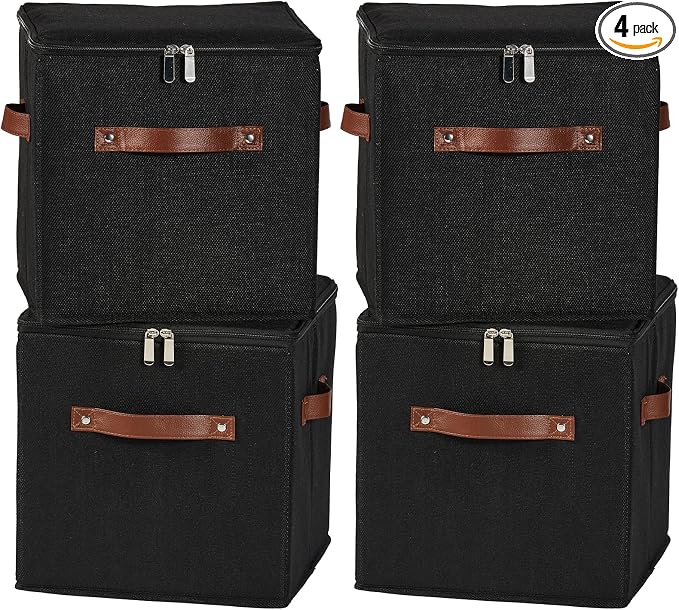 4PCS Storage Cubes with Lid Fabric Storage Bins Boxes PU Leather Handles Cotton Linen Closet Organizer Container Decorative Foldable Washable Shelf Cloth Basket (Zipper Lid, Black, 11in)