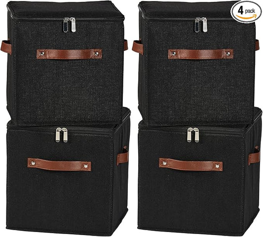 4PCS Storage Cubes with Lid Fabric Storage Bins Boxes PU Leather Handles Cotton Linen Closet Organizer Container Decorative Foldable Washable Shelf Cloth Basket (Zipper Lid, Black, 11in)