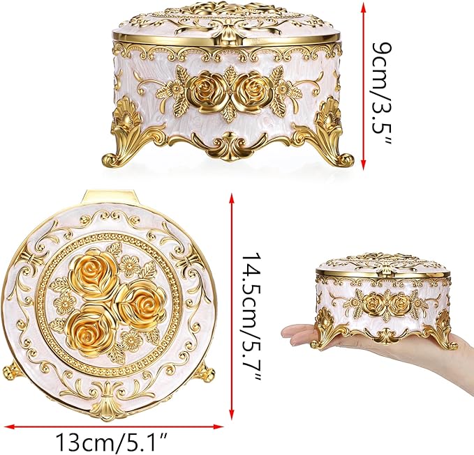Hipiwe Round Jewery Box Metal Trinket Organizer Decorative Keepsake Box for Trrasure Ring Earring Holder Vintage Jewelry Display Case, Beige, 5.7" L x 5.1" W x 3.5" H