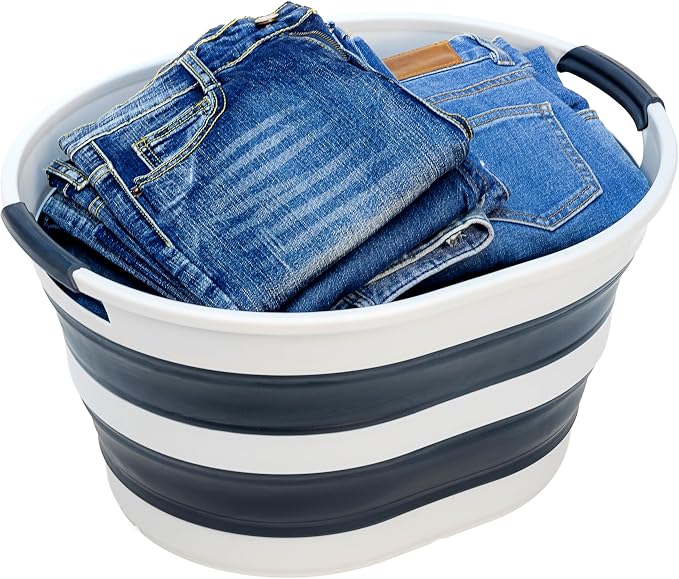 SAMMART 23L (6 Gallons) Collapsible Plastic Laundry Basket - Oval Tub/Basket - Foldable Storage Container/Organizer - Portable Washing Tub - Space Saving Laundry Hamper (Grey/Slate Grey)