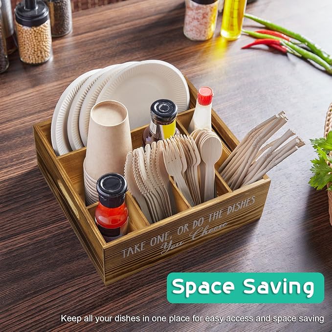 ALELION Rustic Plate and Utensil Caddy, 6-Compartment Paper Plate and Cutlery Holder with Handles, Kitchen and Party Organizer for BBQs, Picnics, and Gatherings, Brown