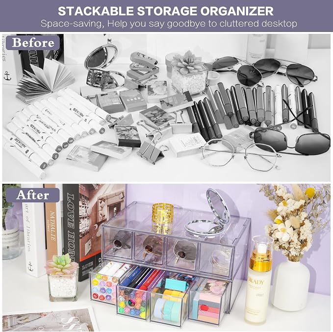 Desk Organizer with 4 Drawers, FODIENS Stackable Desktop Storage Box with Removable Drawer, Clear Sunglasses Organizer Display Case for Stationery Marker Pens Eyeglasses Office Supply