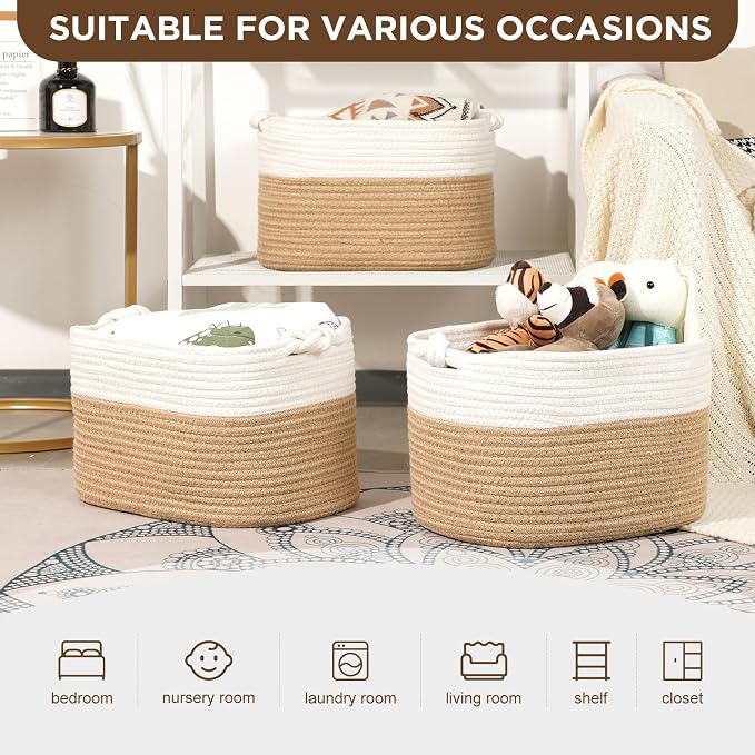 Temary Woven Storage Baskets, Set of 3 Rope Baskets for Storage Clothes, Towels, Versatile Boho Storage Bins (Jute, 13"x9.8"x8.5")
