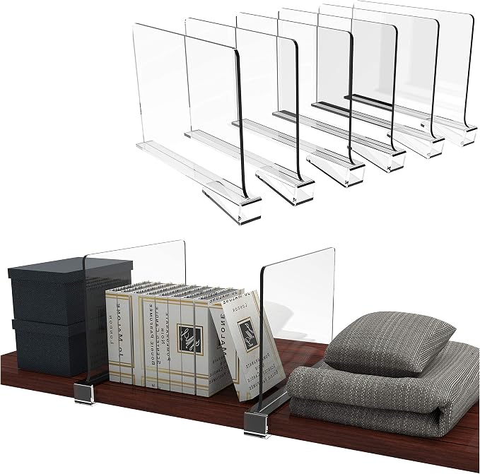 Clear Acrylic Shelf Dividers for Closet Organization - 6 Pack Closet Shelf Divider for Sweatshirt,Towel,Bag,Purse,Clothing,Sweater Organizer,Plastic Dividers and Separators for Shelves and Bedroom