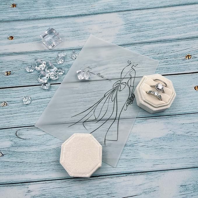 Velvet Ring Box 3 Slots - Octagonal Premium Rings Holder Handmade Ring Bearer Jewelry Storage Organizer for Wedding Ceremony, Christmas, Photography Prop (Ivory)