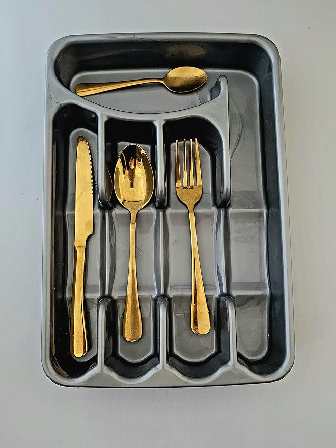 BLACK PEARL Utensil and Silverware Organizer tray for drawer with cover -Cutlery Flatware Organizer with lid - for kitchen drawer, BBQ, picnic, Covered flatware tray,5 Compartments - Plastic (SILVER)