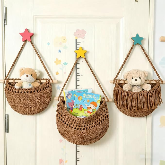 Halidali 3 Tier Hanging Fruit Baskets for Kitchen, Boho Cotton Rope Handwoven Vegetable Hammock Produce Storage Wall Mounted Large Organizing Basket for Farmhouse Decor, Onion, Potato (Caramel)