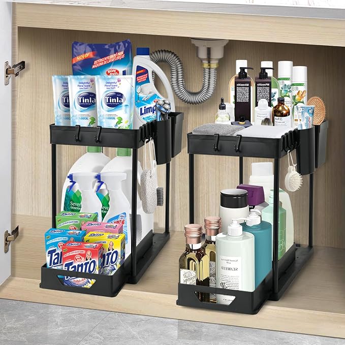 2-Pack Under Sink Organizer – 2-Tier Sliding Storage Rack for Bathroom & Kitchen, Pull-Out Under Cabinet Organizer for Bathroom Organizers and Storage (Black)