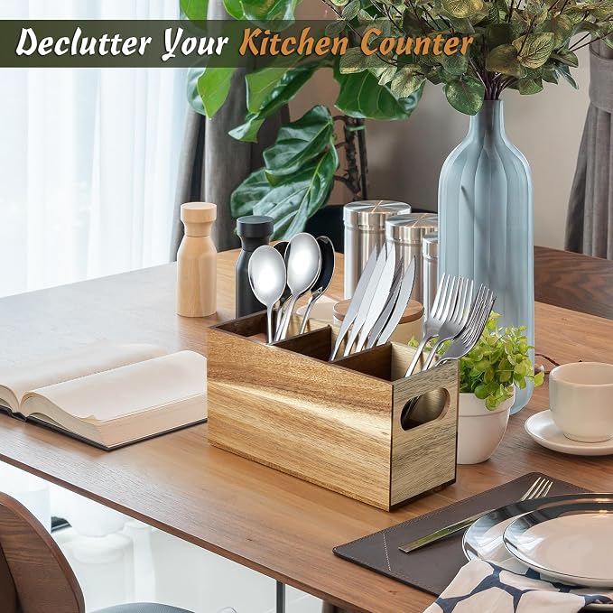 DRASTAR Silverware Holder, Acacia Wooden Utensil Caddy, Silverware Organizer Countertop, Cutlery Holder for Party, Fork Spoon Knife Organizer