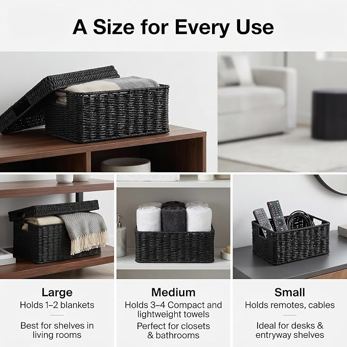 Wicker Storage Basket with Lid - Woven Basket for Storage,Rectangular Decorative Boxes Bins with Lids for Shelves,living room, Nursery, 3 baskets+1 lids(Black)