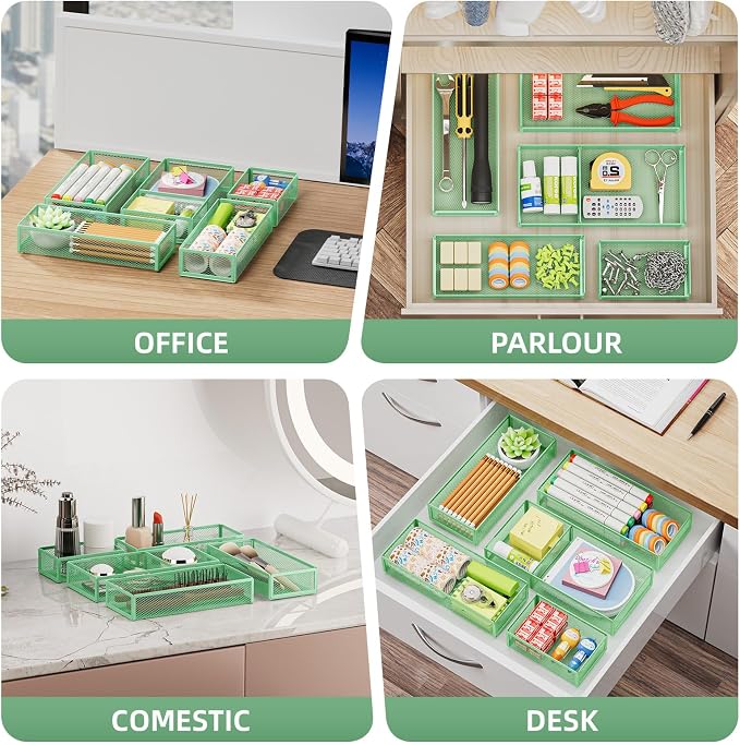 Marbrasse 5 Pack Desk Drawer Organizer Set, Mesh Drawer Storage Trays with 1 Adjustable Divider, Desk Organizers and Accessories, 5 PCS Drawer for Office Supplies, Makeup & Vanity (Green)