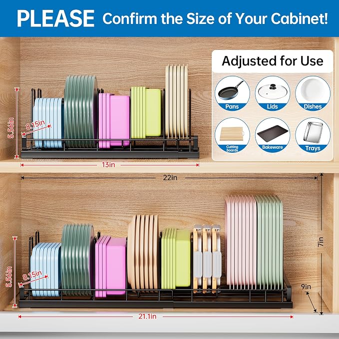 Expandable Food Container Lid Organizer, 9 Adjustable Dividers Sturdy Metal Pot and Pan Organizer Rack for Kitchen Cabinets, Drawers, Pantry Shelves, Countertops, Black, 8.15" Wide