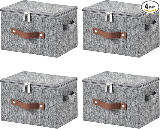 4 Pack Storage Bins with Zipper Lid Cotton Linen Fabric Lidded Storage Baskets Boxes Foldable Washable Closet Shelf Clothes Organizer Container with PU Leather Handles (Gray, Small)