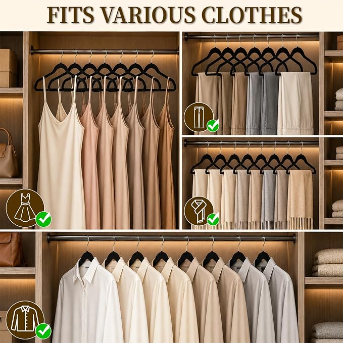 Velvet Hangers 50 Pack, Non Slip Clothes Hangers with Shoulder Notches, Slim Felt Hanger with 360° Swivel Hook, Space-Saving, Heavy Duty, for Coat, Shirt, Pants, Dress, Suits, Black