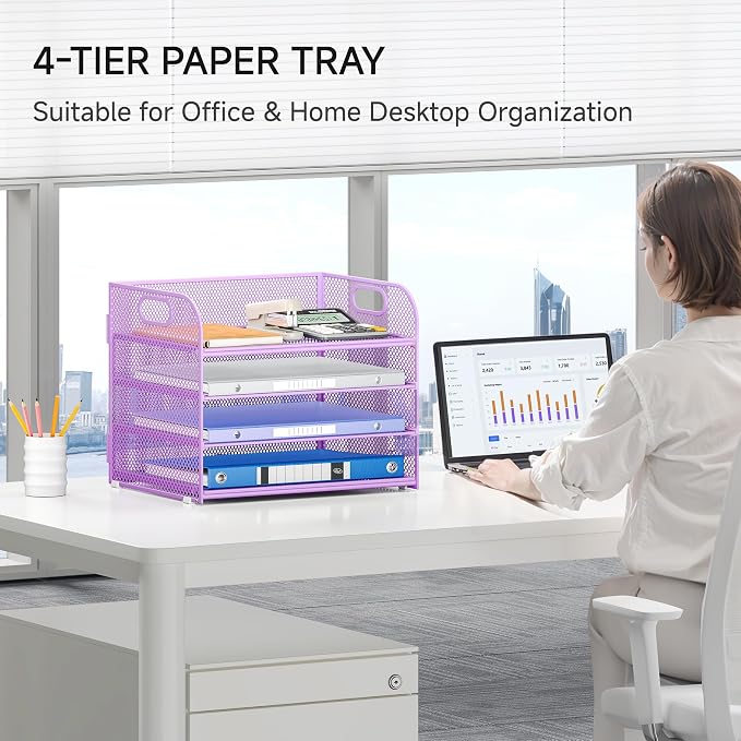 Lavatino 4-Tier Paper Organizer Trays - Purple Mesh File Folder Sorter with Handles, Desk Letter Holder Organizer for Office, Home, School Supplies Storage & Organization