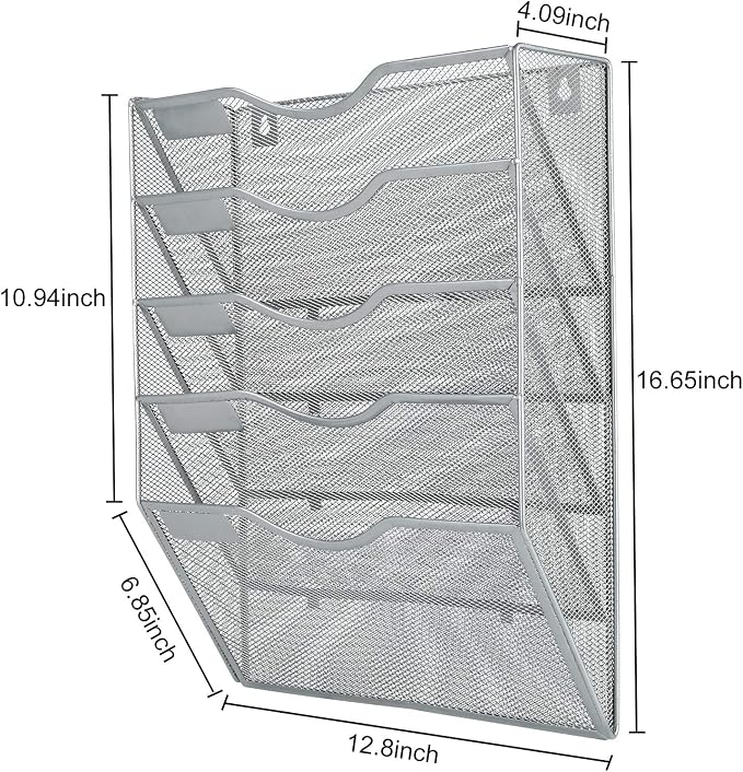PAG Hanging Wall File Holder Mail Organizer Wall Mount Document Letter Rack, 5-Tier, Silver