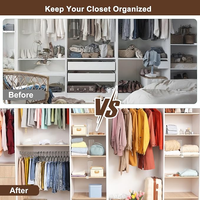 6 Pack Shelf Dividers, Adjustable Shelf Dividers for Closet Organization with Non-Slip Design, Clear Acrylic Shelf Dividers for Clothes, Handbags, Purses, Towels, Bookshelf in Home Organization
