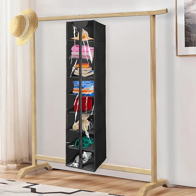 8 Tier Clear PVC Hanging Organizer With Zipper, Sweater Storage Shelves With Cover, Shoe Organizer for Closet, Black