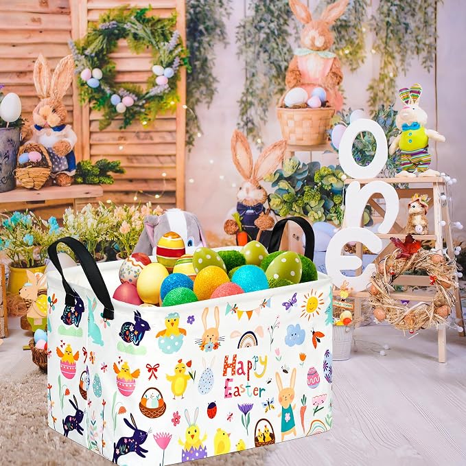 Rectangular Easter Basket Storage Bin for Shelves Cute Gifts Baskets Foldable Box with Handles for Boy and Girl Home Office Car Dormroom Easter Party Supplies