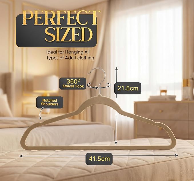Beddora Velvet Hangers 50-Pack,Beige Non-Slip Slim Space-Saving Closet Organizer, Suit & Coat Hangers, Heavy-Duty, 360° Swivel Hook