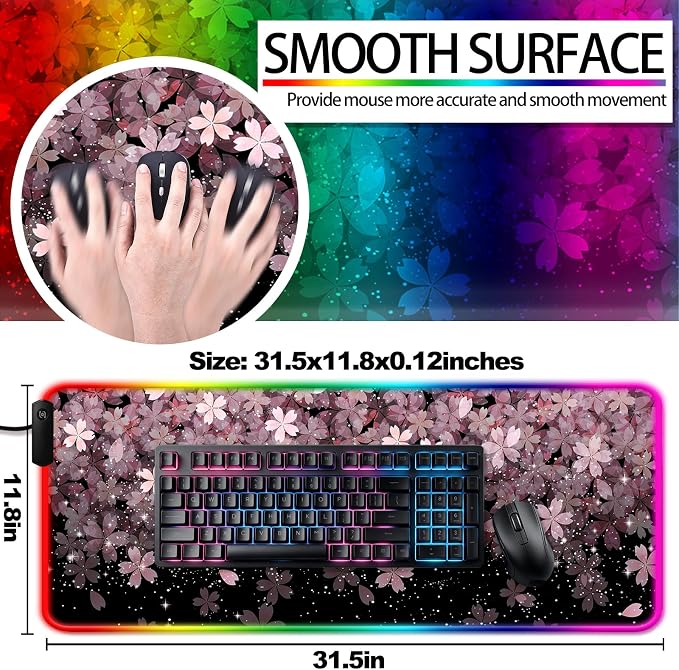 RGB Japanese Cherry Blossom Gaming Desk Mat, Computer Keyboard Large Extended Flowers LED Mouse Pad for Office and Home, 31.5×11.8 Inches, XL, Black
