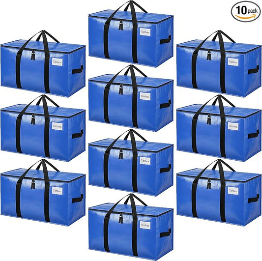 BAGAIL Heavy Duty Moving Bags with Strong Handle, Extra Large Moving Boxes, Storage Tote for Clothes, College Moving Supplies(Blue, 10 Pack)