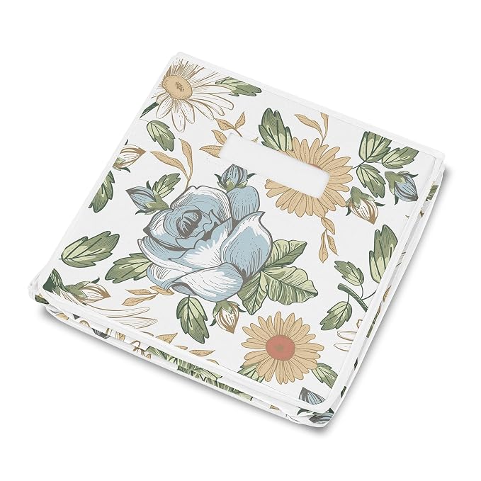 Sweet Jojo Designs Vintage Floral Blue Yellow Girl Small Fabric Toy Bin Storage Box Chest For Baby Nursery Kid Room Slate Green Gold Orange Taupe Beige Shabby Chic Rose Flower Boho Bohemian Farmhouse