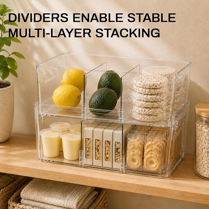 Mpotmiy 4 Pack Clear Pantry Organizers and Storage Bins with Divider, Transparent Plastic Basket, Refrigerator and Fridge Bins