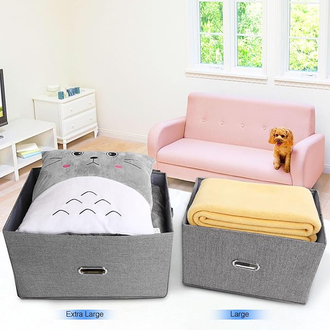 Large Linen Fabric Foldable Storage Bins with Removable Lid and Handles, Washable Storage Box Organizer Containers Baskets Cube with Cover for Bedroom,Office(Pink, Extra Large(2-Pack))