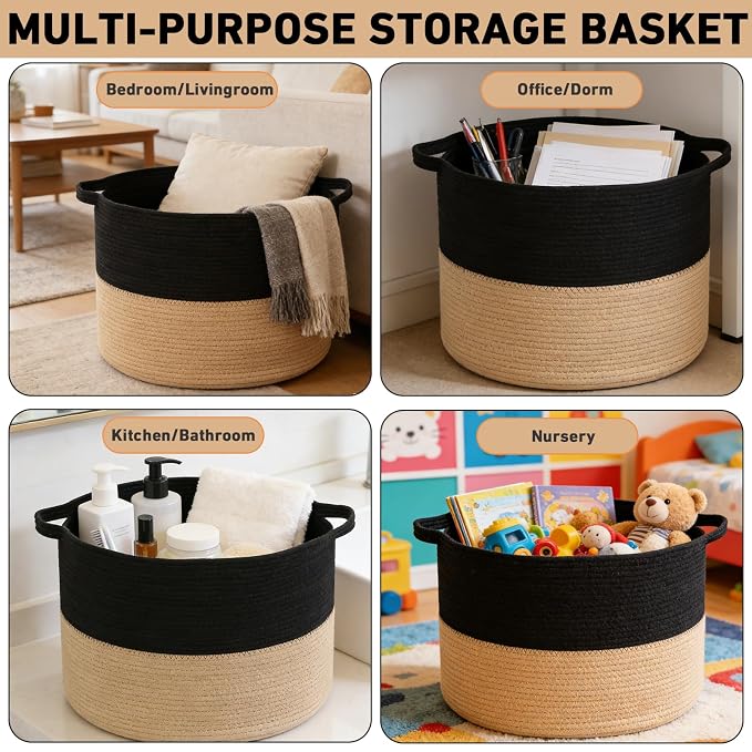 115L Extra Large Blanket Basket,Woven Rope Laundry Basket Hamper with Handles, Decorative Nursery Basket Storage Bin for Toys, Clothes Organizer, Living Room, Bedroom, Bathroom, Black&Camel