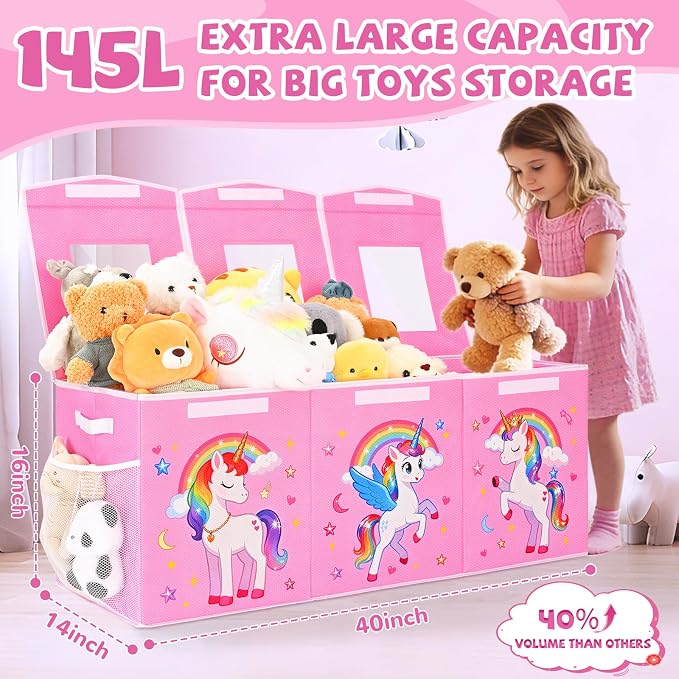 Livole 145L Toy Box, Collapsible Kids Toy Chest Bins with Lids Sturdy Large Toy Storage Organizer Boxes for Girls Nursery Room Playroom Closet, 40"X16"X14", Pink
