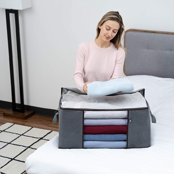 VENO 3 Pack Oversize Clothes Storage Bag Organizer with Reinforced Handle, Thick Container Bins for Blankets, Comforters, Bedding, Foldable with Sturdy Zipper, Clear Window, Grey, Reusable (34 Gallon)