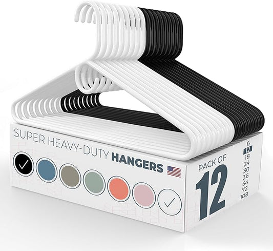 Super Heavy Duty Clothes Hangers 12 Pack – Made in the USA - 10lb Capacity, Thick Plastic Hangers for Pants, Coats, Jackets, Jeans and Adult Clothing – White & Black