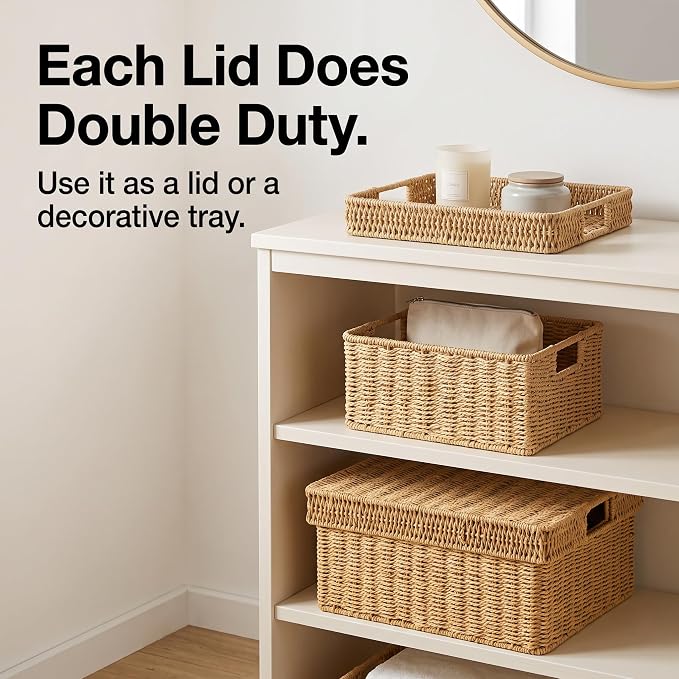 Wicker Storage Basket with Lid - Woven Storage Basket for Organizing,Rectangular Decorative Boxes Bins with Lids for Shelves, living room, Nursery, 2-Piece Set(Natural)