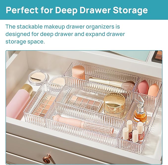 Vtopmart 7 PCS Clear Makeup Drawer Organizers Bins, 4-Size Stackable Makeup and Vanity Organizer Trays, Acrylic Bathroom Storage Containers for Cosmetic, Toiletries, Office Supply, Utensils, Gadgets
