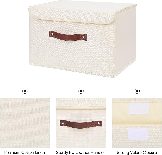 ANMINY 4PCS Storage Bin with Lid Storage Boxes with PU Leather Handles PP Plastic Board Decorative Foldable Lidded Cotton Linen Fabric Home Cubes Baskets Closet Organizer Container - Beige, Medium