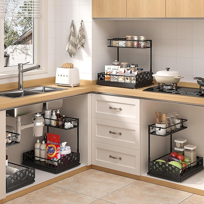 Sevenblue 2-Pack 2-Tier Height Adjustable Under Sink Organizer & Storage | Multi-purpose storage for kitchen & bathroom cabinet. Extra Large metal shelf, height adjustable design for space-saving.