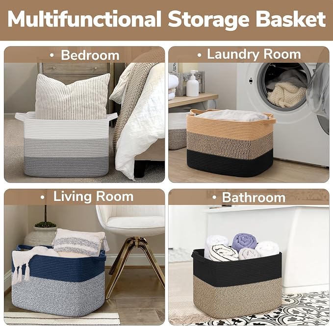 Goodpick Large Woven Basket 18" x 14" x 12" Cotton Rope Storage Baskets for Organizing, Rectangle Wicker Laundry Basket with Handles, Toy Baskets for Kids, Black & Jute