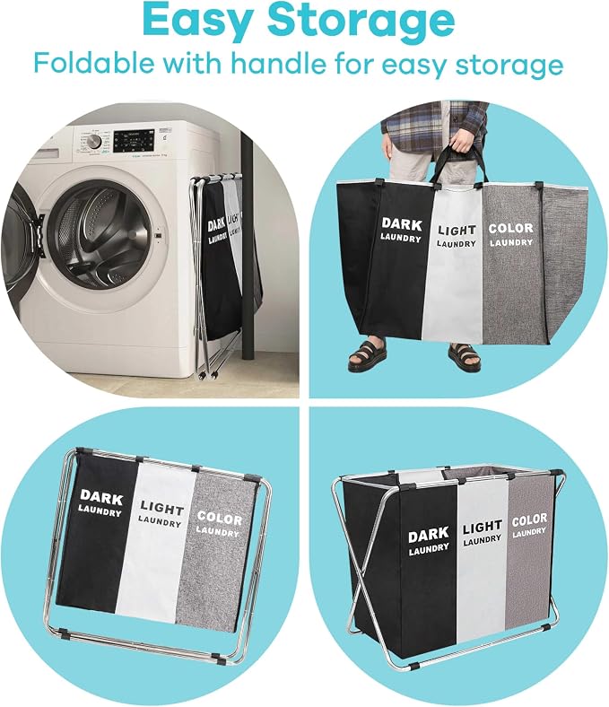 150L Laundry Cloth Hamper Sorter Basket Bin Foldable 3 Sections with stainless steel Frame Washing Storage Dirty Clothes Bag for Bathroom Bedroom Home Storage Basket (Black+Gray+Coffee)