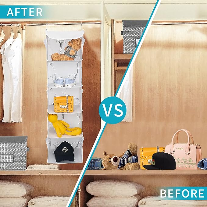 BrilliantJo 5 Shelves Hanging Closet Organizer, 2 Pack Hanging Storage with 6 Side Pockets for Clothes Shoes, 43"x12"x12"(Marblizing)