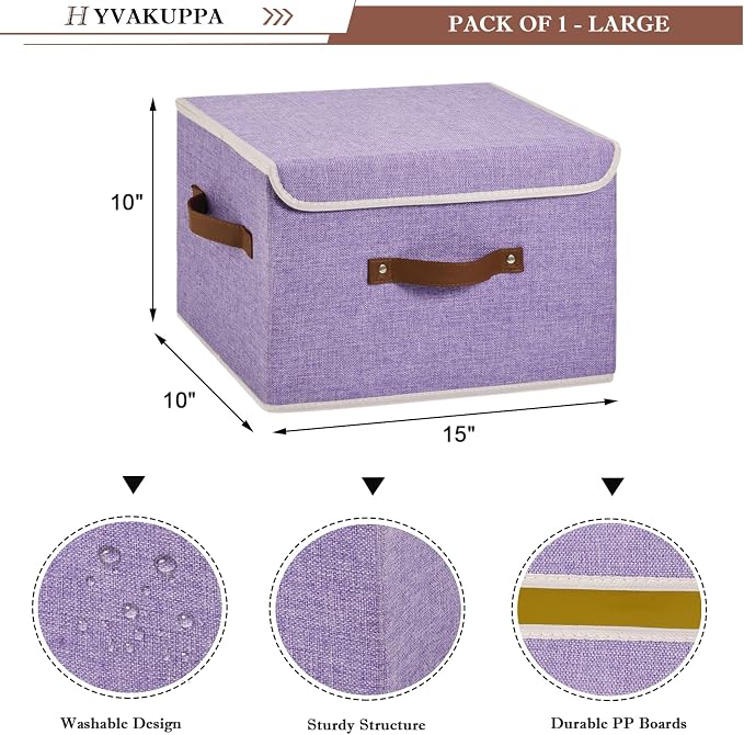 2PCS Collapsible Storage Boxes Baskets with Lid Cotton Linen Fabric Storage Bins with Faux Leather Handles Washable Cube Organizer Container for Home Closet Bedroom Purple Large Size