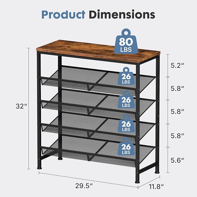 DUMOS Shoe Rack for Entryway, 5-Tier Shoe Organizer with Adjustable Mesh Shelves and Wooden Top, Freestanding Storage Rack Holds 16-20 Pairs for Closet, Bedroom, Rustic Brown | Adjustable shelves lay flat or angled, metal frame with leveling feet, fits...