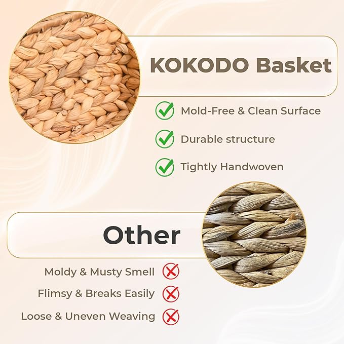 KOKODO 2-Pack Open Front Pantry Baskets, Handwoven Water Hyacinth Wicker Storage Baskets with Built-in Handles, Organizing Bins for Shelves