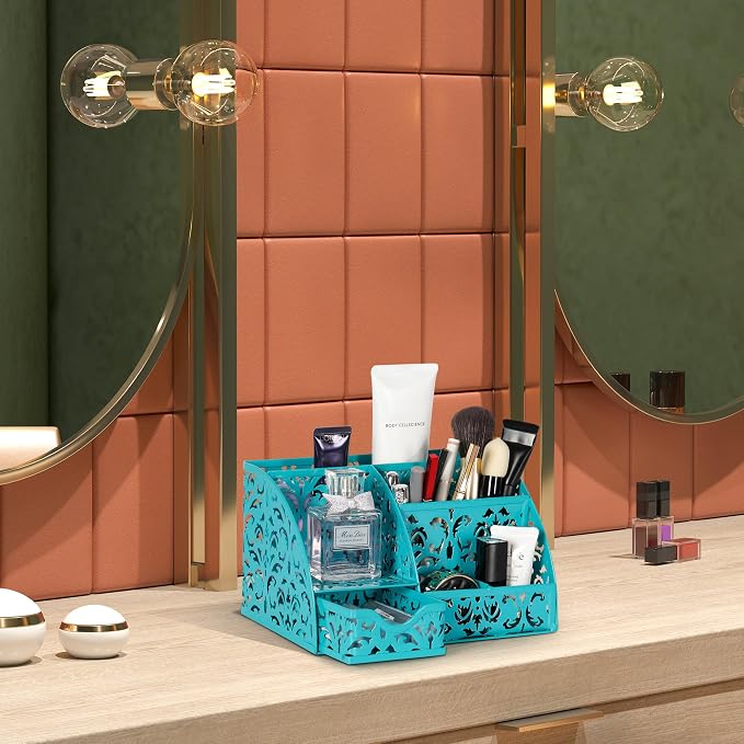 EasyPAG Desk Organizer and Pen Holder for Desk, Mesh Office Supplies Storage Caddy with Drawer for Small Space, Desktop Organizer for Home Office, Dark Teal