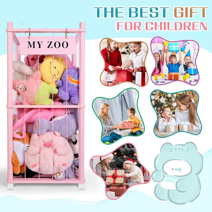 GLDZI Stuffed Animal Storage Zoo with Wheels, Wooden Stuffed Animal Organizer with Elastic Cords, Space Saving Toy Plushies Storage Holder for Playroom, Bedroom, Living Room(Pink, Small)