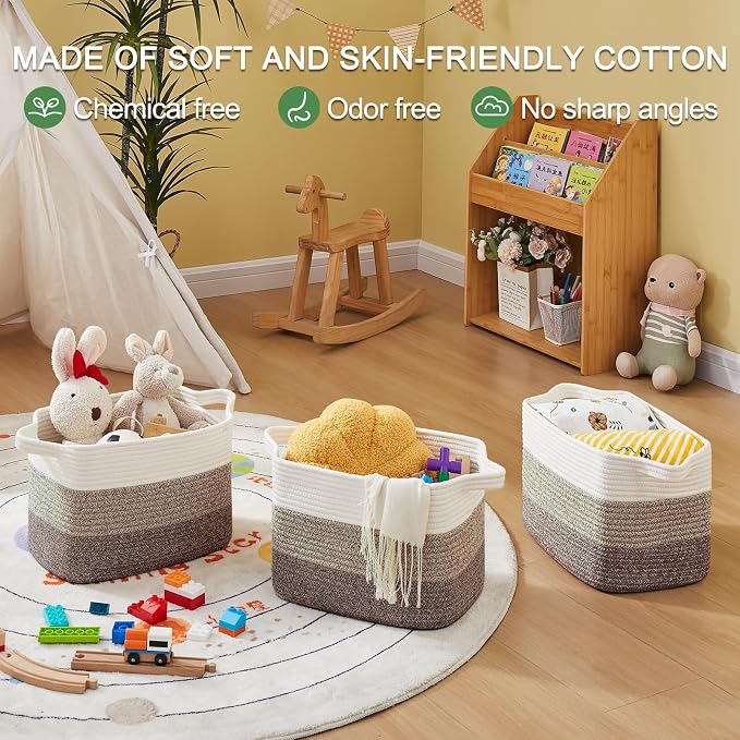 OIASKET Storage Baskets for Organizing, Woven Baskets for Shelves, Rectangle Decorative Organizer for Storage Clothes, Toy, Books, Towels Nursery Bins 3 Pack (Gradient Dark Brown, 13"x9.85"x8.7")