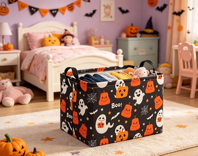 Halloween Basket Cute Baskets for Kids Pumpkin Basket Rectangular Storage Bin Organizer Box Room Decor(Black Pumpkin Ghost)