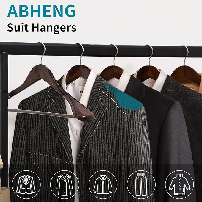 ABHENG Solid Wood Suit Hangers, 6 Pack, Coat Hangers with Non Slip Trouser Bar, 360° Swivel Hook, Heavy Duty Wide Hangers for Suit, Coat, Jacket, Trousers, Pants,17.3" W x 9" H, Dark Walnut AWY0406H