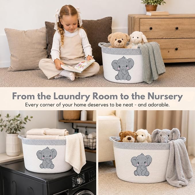 Elephant Nursery Storage Basket, Cotton Rope Toy & Blanket Organizer Bin
